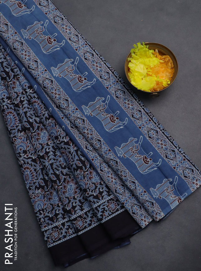 Jaipur cotton saree black and indigo blue with allover ajrakh prints and printed border