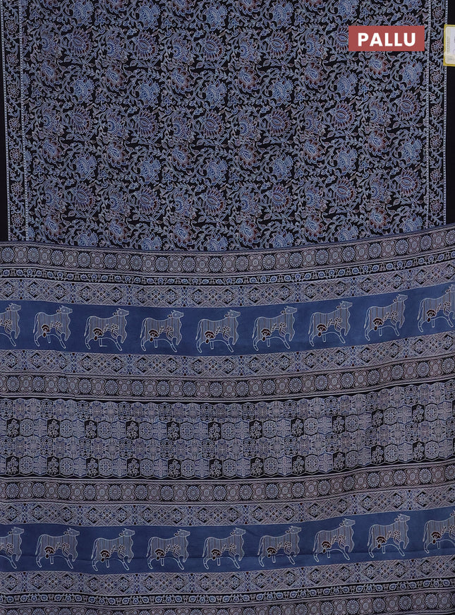 Jaipur cotton saree black and indigo blue with allover ajrakh prints and printed border