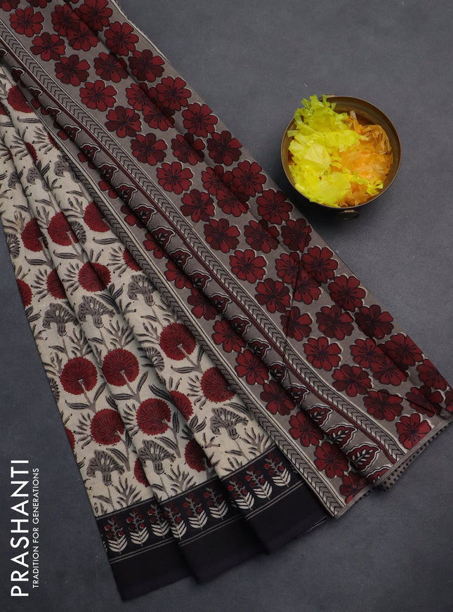 Jaipur cotton saree beige and black with allover prints and printed border