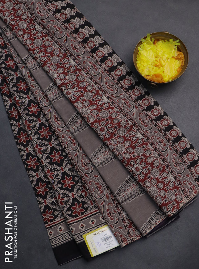 Jaipur cotton saree black and grey shade with allover prints and printed border