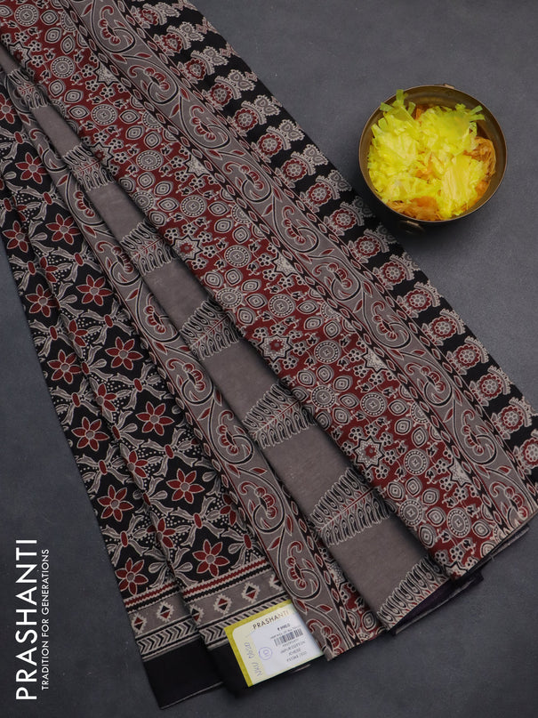 Jaipur cotton saree black and grey shade with allover prints and printed border