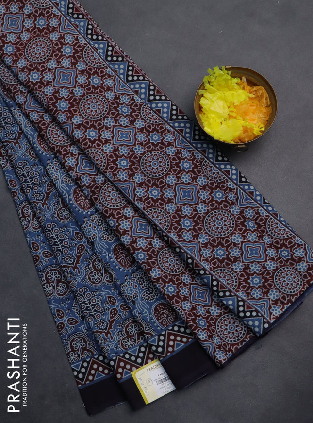 Jaipur cotton saree indigo blue and black with allover prints and printed border