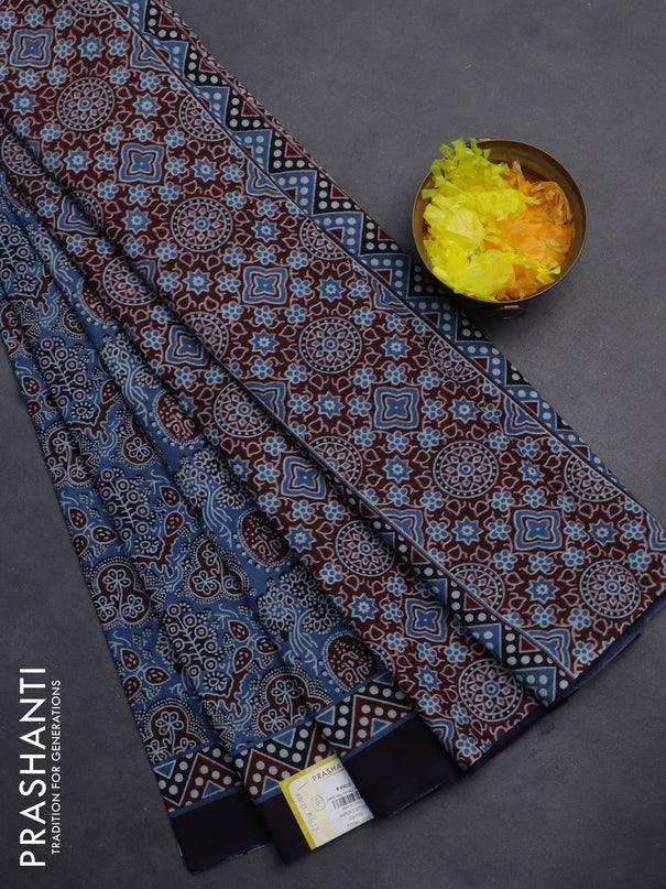 Jaipur cotton saree indigo blue and black with allover prints and printed border