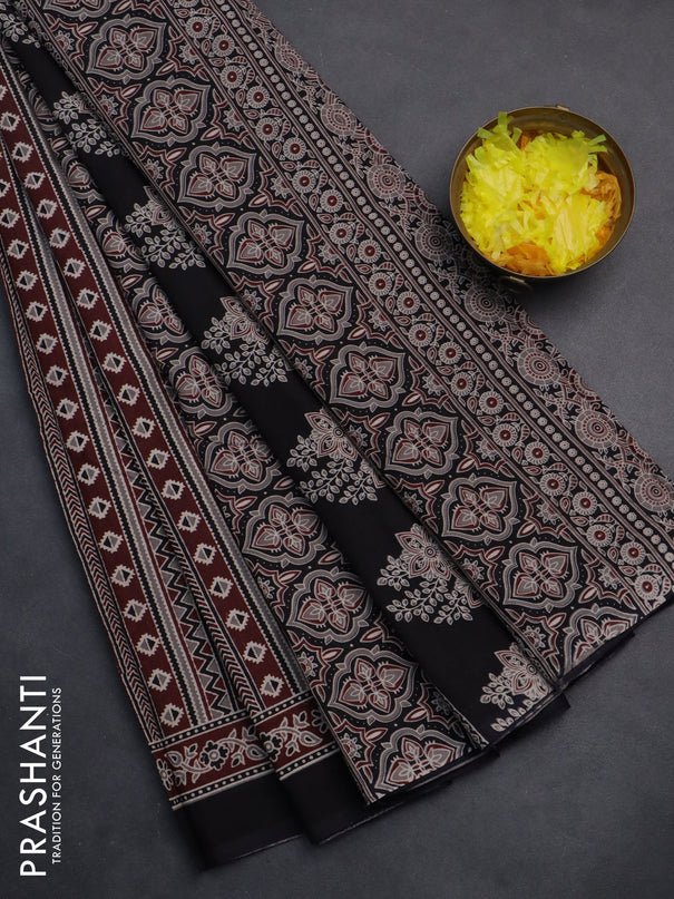 Jaipur cotton saree maroon grey shade and black with allover prints and printed border