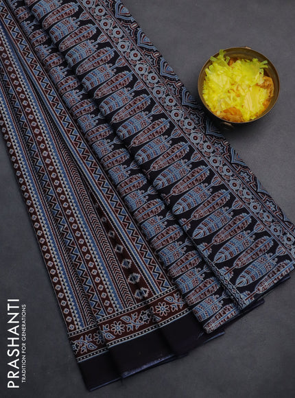 Jaipur cotton saree maroon blue and black with allover prints and printed border