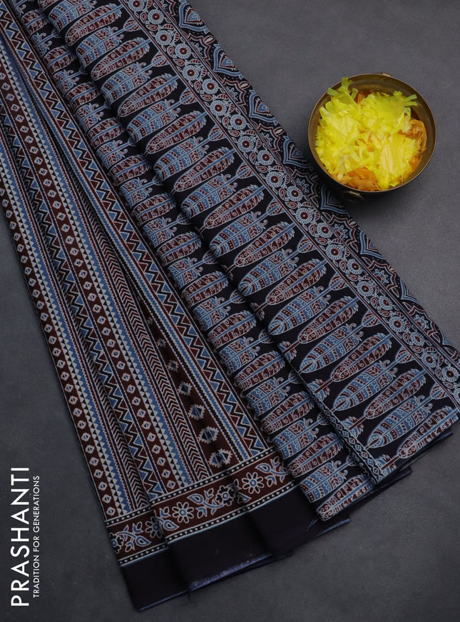 Jaipur cotton saree maroon blue and black with allover prints and printed border