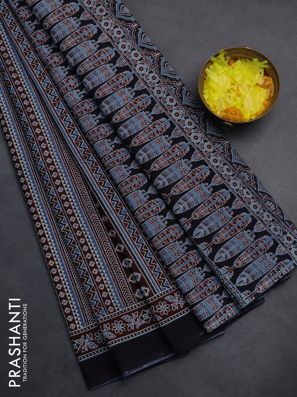 Jaipur cotton saree maroon blue and black with allover prints and printed border