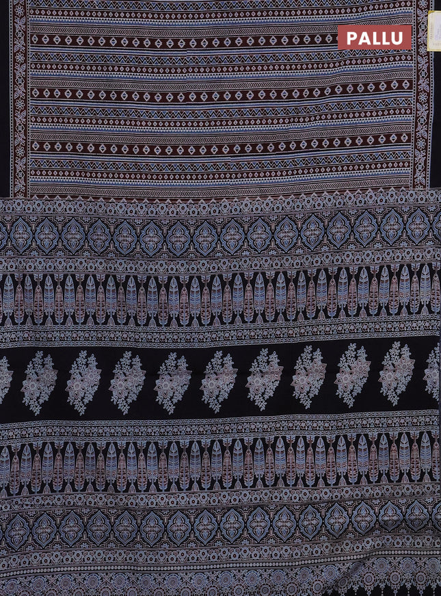 Jaipur cotton saree maroon blue and black with allover prints and printed border