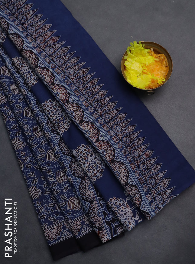 Jaipur cotton saree blue and black with allover kalamkari prints and printed border