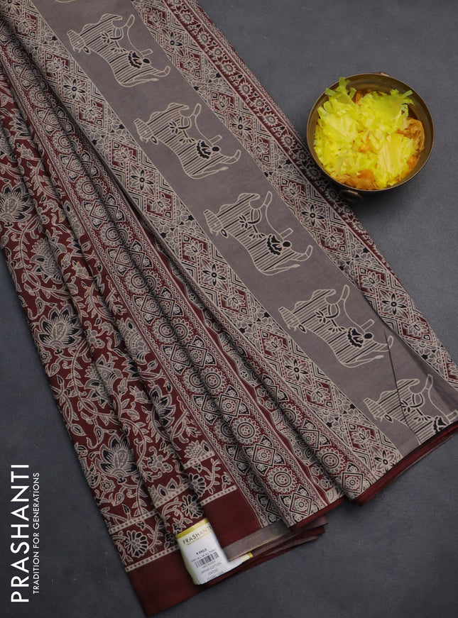 Jaipur cotton saree maroon with allover kalamkari prints and printed border