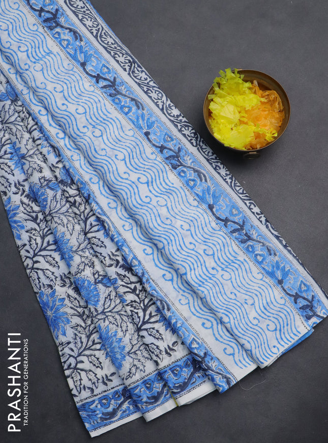 Jaipur cotton saree off white and blue with allover kalamkari prints and printed border