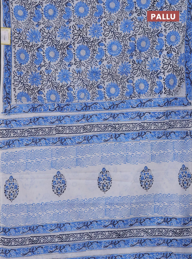 Jaipur cotton saree off white and blue with allover kalamkari prints and printed border