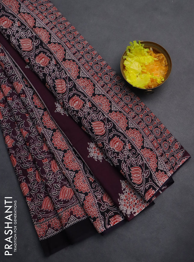 Jaipur cotton saree wine shade and black with allover kalamkari prints and printed border