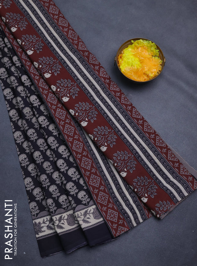 Jaipur cotton saree black and beige with allover floral butta prints and printed border
