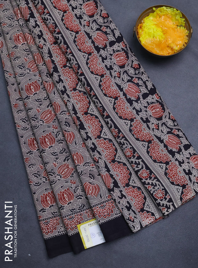 Jaipur cotton saree grey and black with allover kalamkari prints and printed border