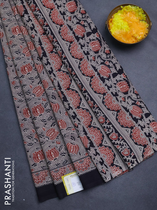 Jaipur cotton saree grey and black with allover kalamkari prints and printed border