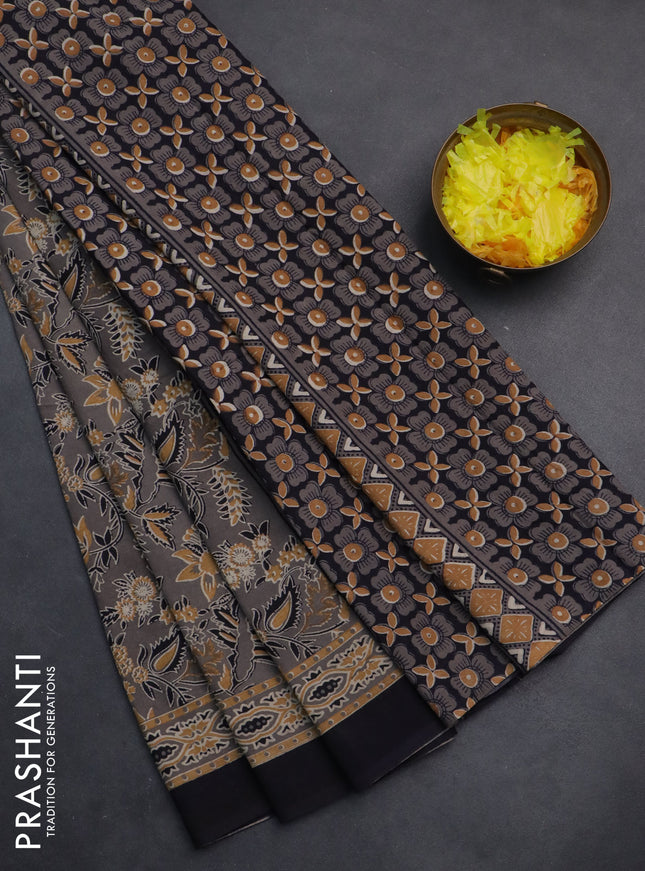 Jaipur cotton saree grey shade and black with allover kalamkari prints and printed border