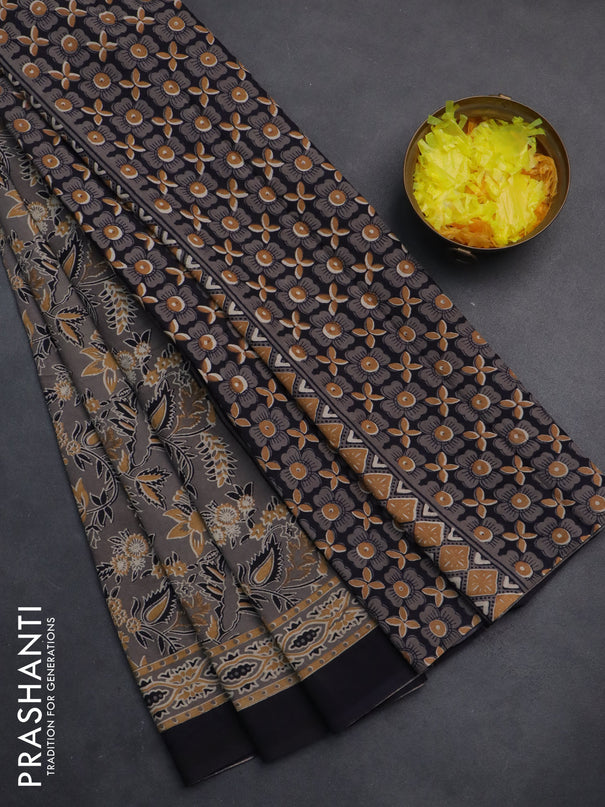 Jaipur cotton saree grey shade and black with allover kalamkari prints and printed border