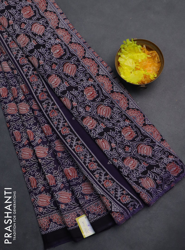 Jaipur cotton saree deep violet and black with allover kalamkari prints and printed border