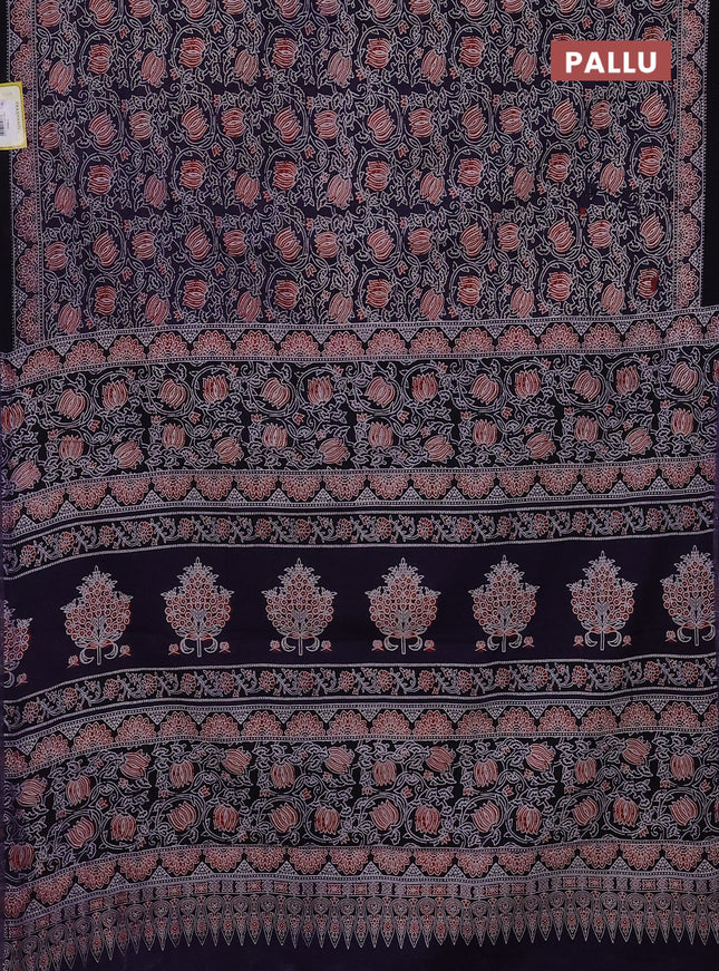 Jaipur cotton saree deep violet and black with allover kalamkari prints and printed border