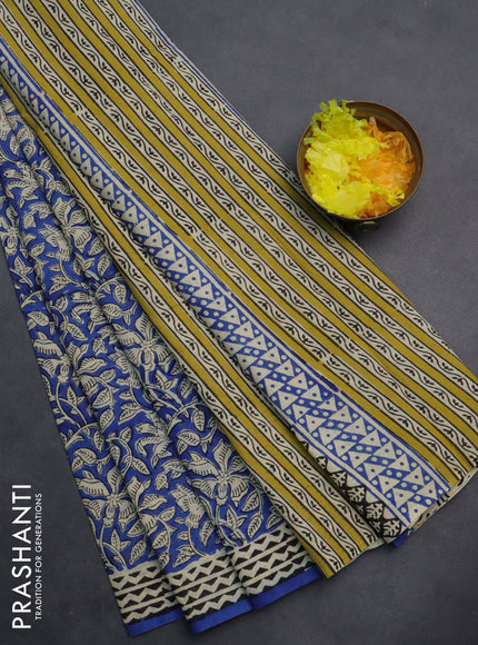 Jaipur cotton saree blue and black beige with allover kalamkari prints and printed border