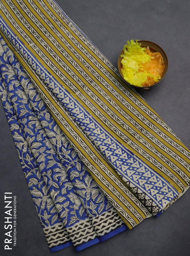 Jaipur cotton saree blue and black beige with allover kalamkari prints and printed border