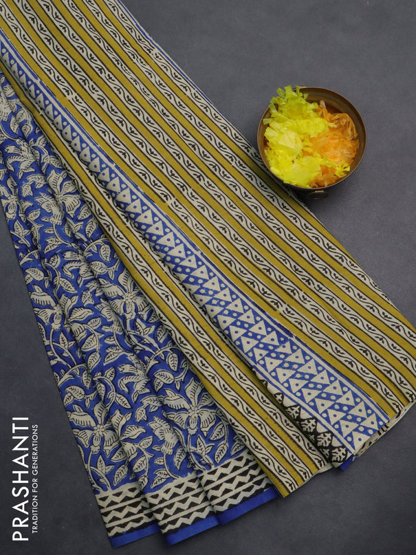 Jaipur cotton saree blue and black beige with allover kalamkari prints and printed border
