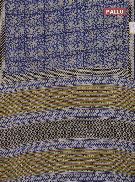 Jaipur cotton saree blue and black beige with allover kalamkari prints and printed border