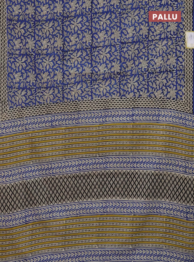 Jaipur cotton saree blue and black beige with allover kalamkari prints and printed border