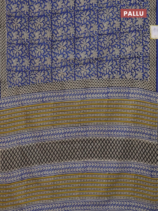 Jaipur cotton saree blue and black beige with allover kalamkari prints and printed border