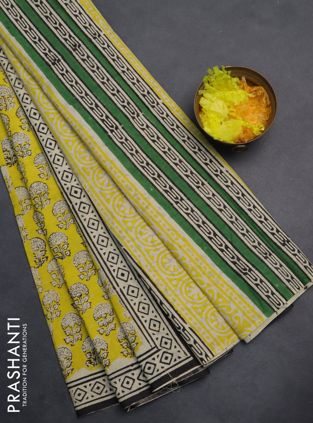 Jaipur cotton saree yellow and black with allover floral butta prints and printed border