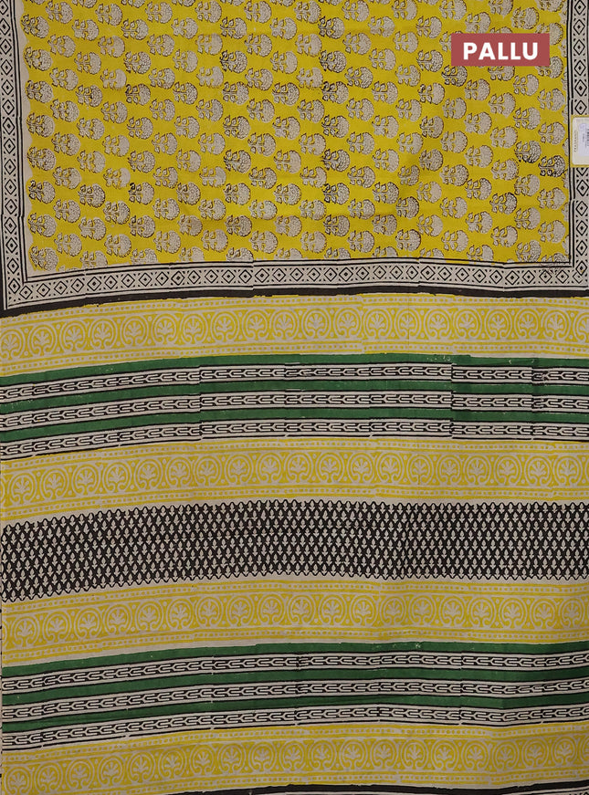 Jaipur cotton saree yellow and black with allover floral butta prints and printed border