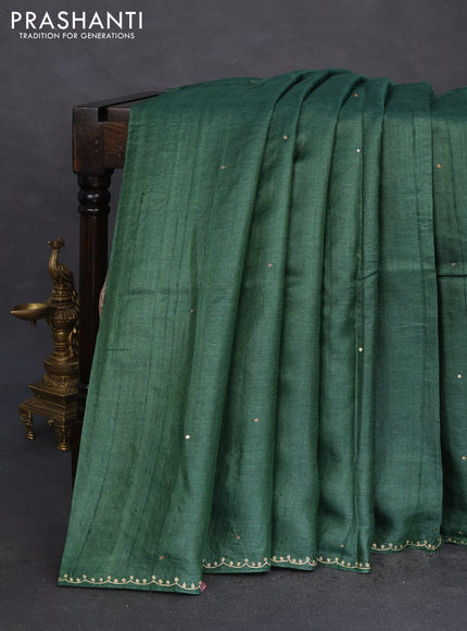 Pure tussar silk saree green with sequin work and simple border
