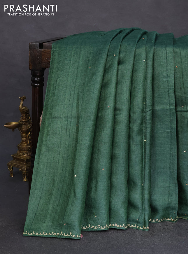 Pure tussar silk saree green with sequin work and simple border