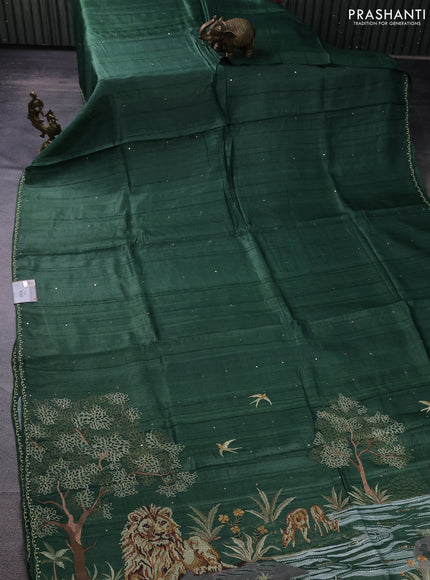 Pure tussar silk saree green with sequin work and simple border