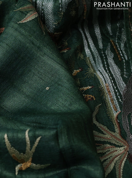 Pure tussar silk saree green with sequin work and simple border