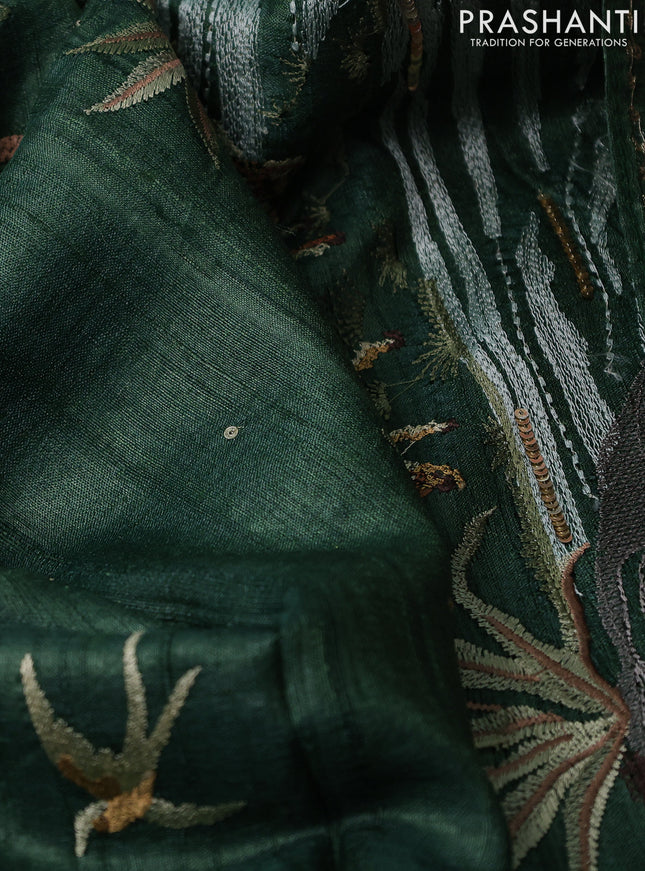 Pure tussar silk saree green with sequin work and simple border