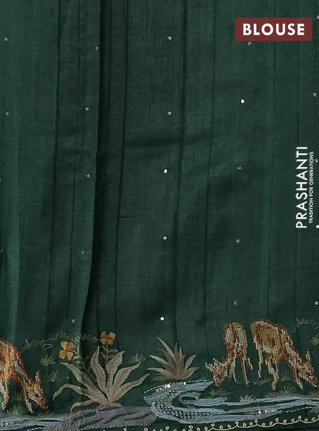 Pure tussar silk saree green with sequin work and simple border