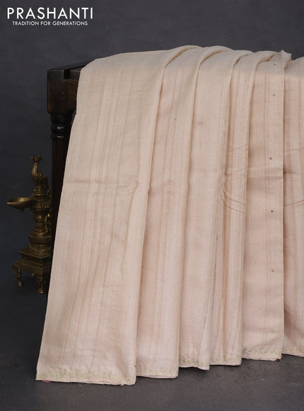Pure tussar silk saree beige with sequin work and simple border