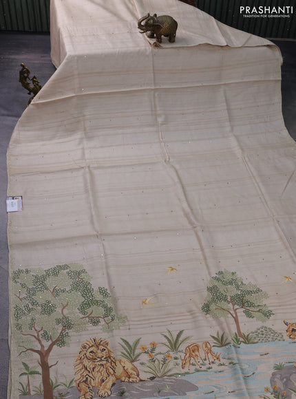 Pure tussar silk saree beige with sequin work and simple border