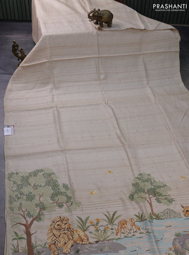 Pure tussar silk saree beige with sequin work and simple border
