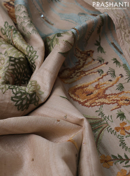 Pure tussar silk saree beige with sequin work and simple border