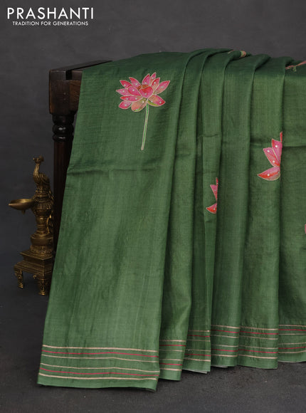 Pure tussar silk saree sap green with floral prints & pita work and simple border