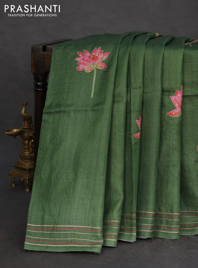 Pure tussar silk saree sap green with floral prints & pita work and simple border