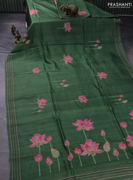 Pure tussar silk saree sap green with floral prints & pita work and simple border