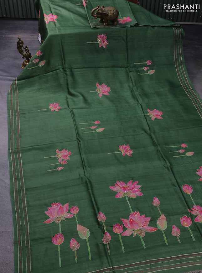 Pure tussar silk saree sap green with floral prints & pita work and simple border