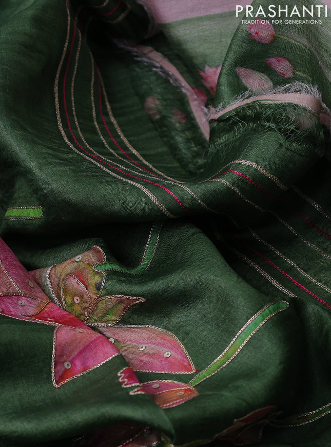 Pure tussar silk saree sap green with floral prints & pita work and simple border