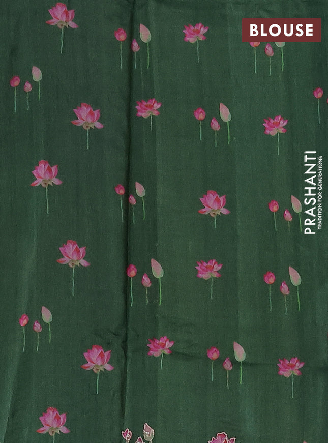 Pure tussar silk saree sap green with floral prints & pita work and simple border