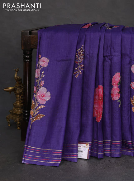 Pure tussar silk saree blue with floral prints & pita work and simple border