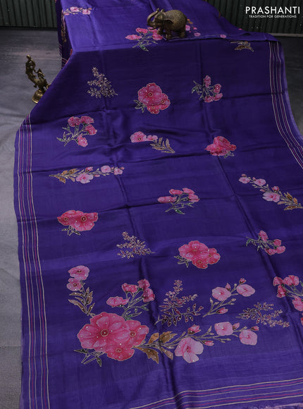 Pure tussar silk saree blue with floral prints & pita work and simple border
